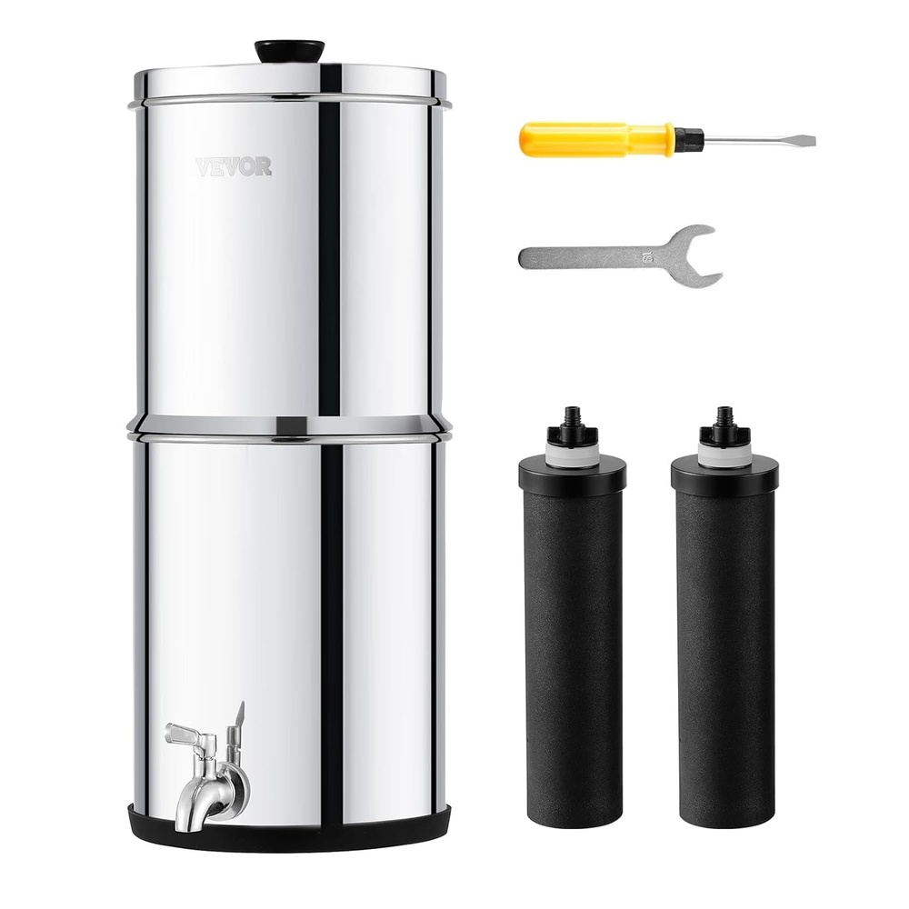 image:imageVEVOR Gravityfed Water Filter System 225G 304 StainlessSteel Countertop Filtration System Reduces Lead and up to 99 of Chlorine with 2 Activated Carbon Filter 2 Defluorination Filter SpigotNonVisible Water level