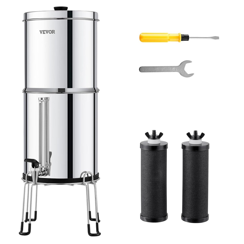 image:imageVEVOR Gravityfed Water Filter System 225G 304 StainlessSteel Countertop System Water Filtration System Reduces Lead and up to 99 of Chlorine with 2 Carbon Filters Water Level Spigot Stand