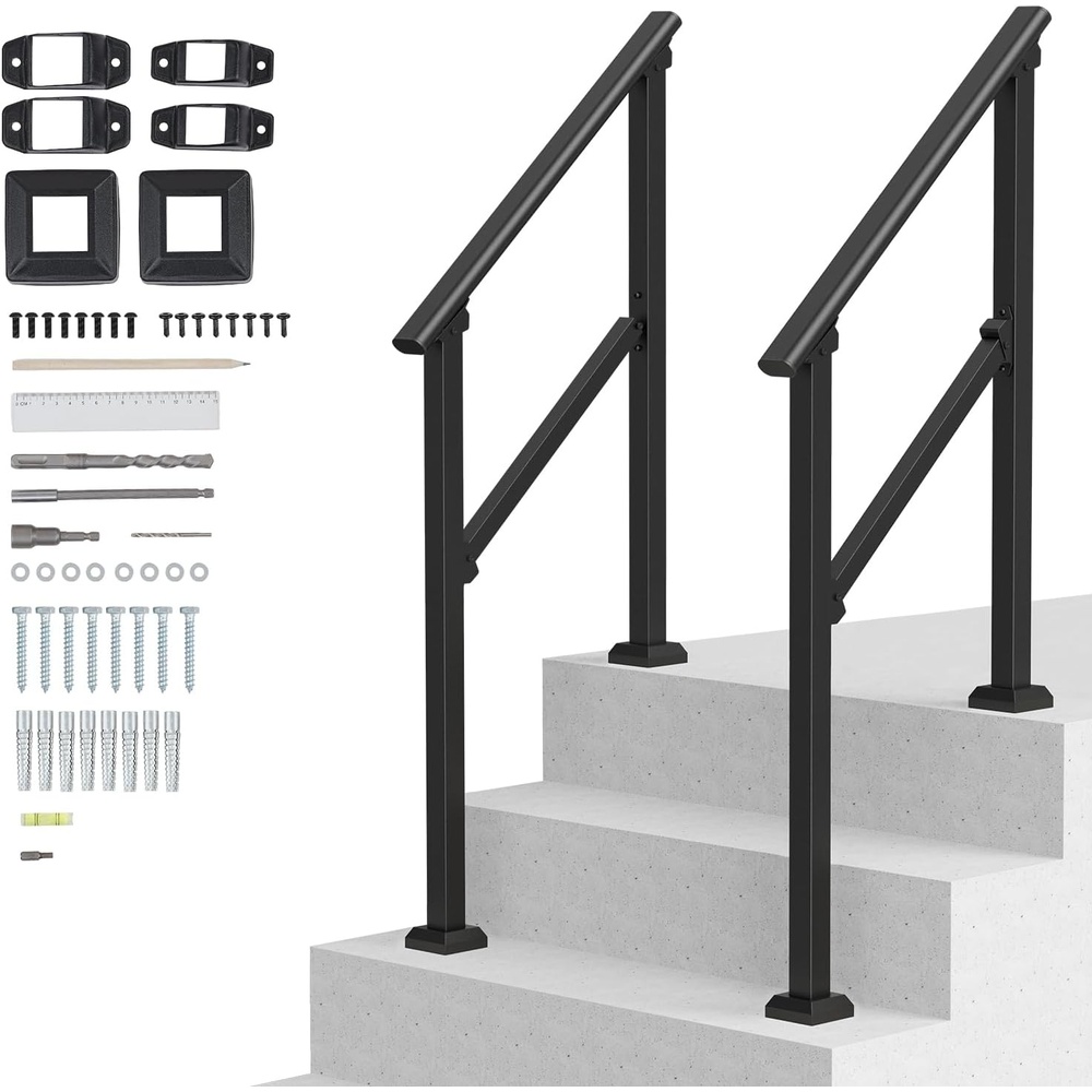 image:imageVEVOR Handrails for Outdoor Steps 5 Step Stair Hand Rail Kit Transitional Carbon Steel Railings with Installation Kit Stair Rails for Seniors Concrete Steps amp Porch amp Deck Black Square TubeBlackStraight