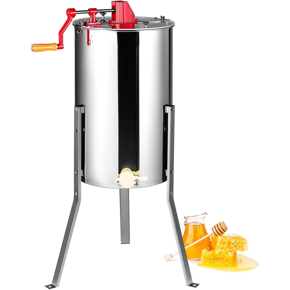 image:imageVEVOR Honey Extractor 24 Frame Stainless Steel Manual Beekeeping Extraction Honeycomb Drum Spinner with Transparent Lid Apiary Centrifuge Equipment with Height Adjustable Stand Silver4 Frame Rack2 Deep Frames