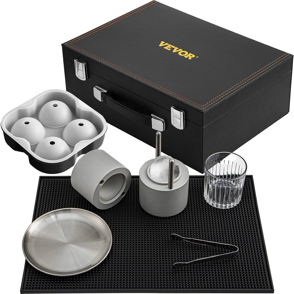 image:imageVEVOR Ice Ball Press Kit Anodized 7075 Aluminum wSilicone Moulds Large Mat Stainless Steel Tong amp Two Glasses Double Size Crystal Clear Rounds Whiskeys Cocktails on Parties amp Holidays Silver