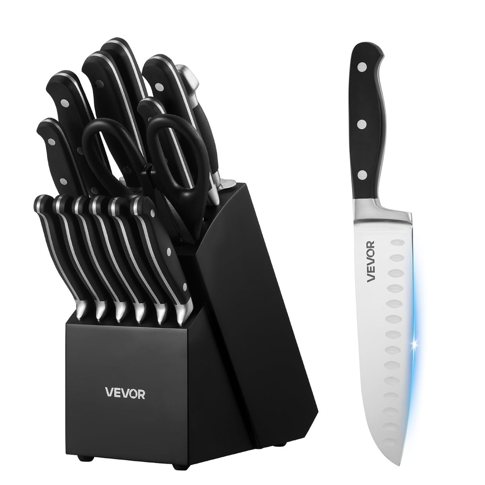 image:imageVEVOR Kitchen Knife Set with Block and Sharpener 15 Piece German High Carbon Stainless Steel Sharp Knife Set Kitchen Cutlery with Ergonomic Handle Sharpening Rod and Wooden Block for Home CooksBlade Stainless Steel Silver Handle Black Knife Block Black