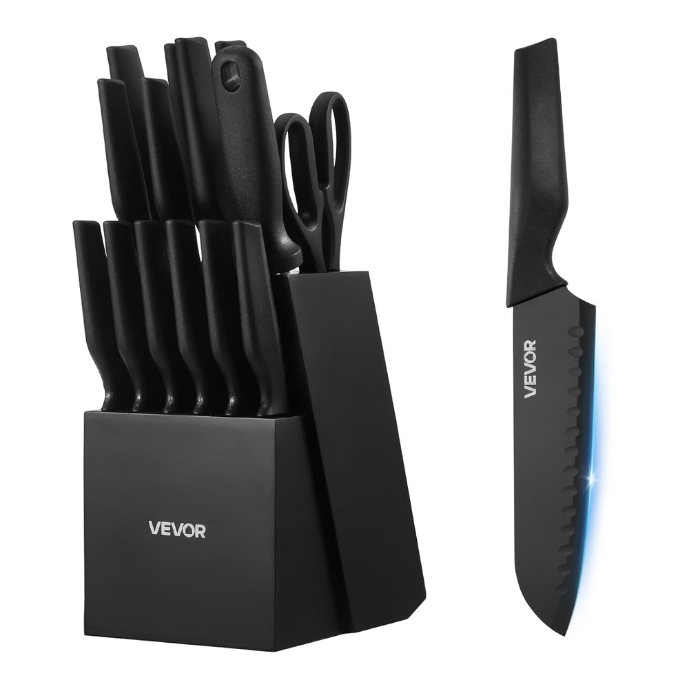 image:imageVEVOR Kitchen Knife Set with Block and Sharpener 15 Piece German High Carbon Stainless Steel Sharp Knife Set Kitchen Cutlery with Ergonomic Handle Sharpening Rod and Wooden Block for Home CooksBlade Black Handle Black Knife Block Black