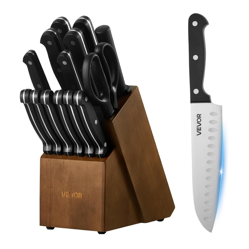 image:imageVEVOR Kitchen Knife Set with Block and Sharpener 15 Piece German High Carbon Stainless Steel Sharp Knife Set Kitchen Cutlery with Ergonomic Handle Sharpening Rod and Wooden Block for Home CooksBlade Stainless Steel Silver Handle Black Knife Block Walnut Color