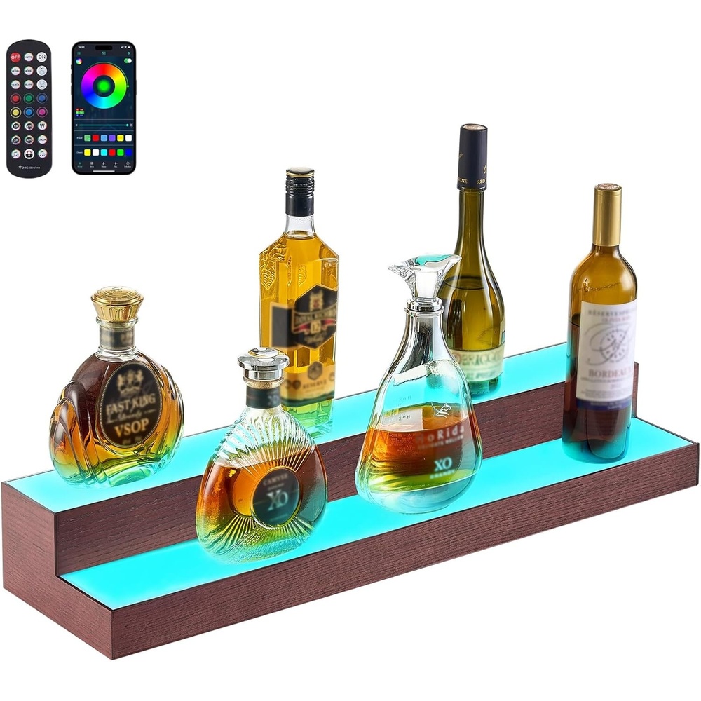image:imageVEVOR LED Lighted Liquor Bottle Display 3 Tier 70 Inch Illuminated Home Bar Shelf with RF Remote amp App Control 7 Static Colors Acrylic Lighted Whiskey Shelf for 52 Bottles Powered by Adapter Only3 Step 30 InchesWoodAcrylic