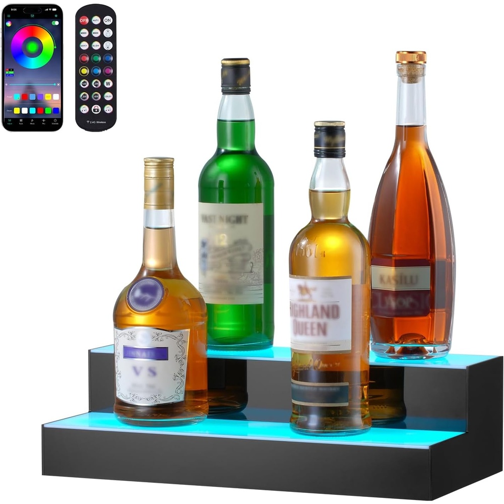 image:imageVEVOR LED Lighted Liquor Bottle Display 3 Tier 70 Inch Illuminated Home Bar Shelf with RF Remote amp App Control 7 Static Colors Acrylic Lighted Whiskey Shelf for 52 Bottles Powered by Adapter Only2 Step 16 Inches