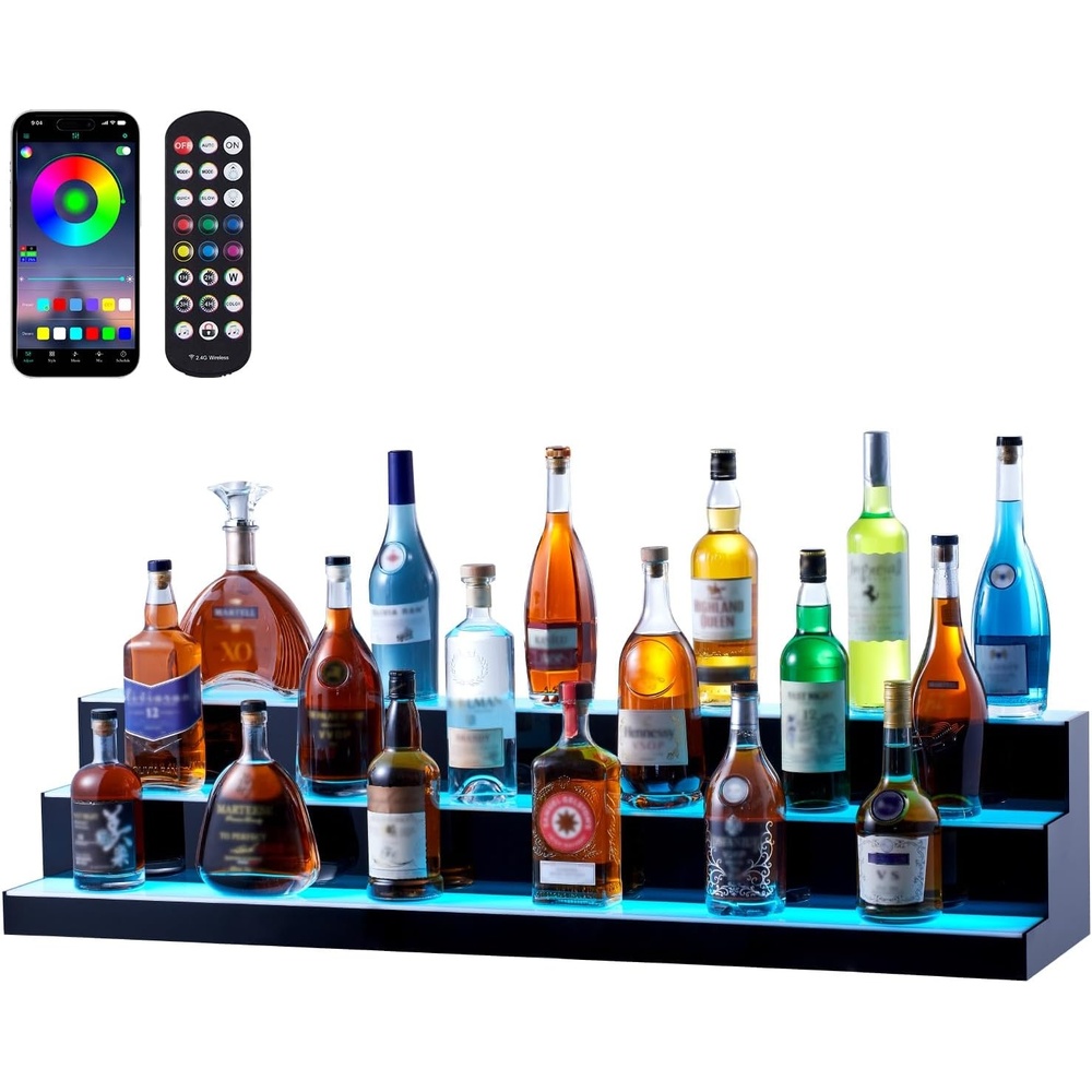 image:imageVEVOR LED Lighted Liquor Bottle Display 3 Tier 70 Inch Illuminated Home Bar Shelf with RF Remote amp App Control 7 Static Colors Acrylic Lighted Whiskey Shelf for 52 Bottles Powered by Adapter Only3 Step 48 Inches