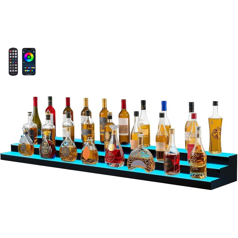 image:imageVEVOR LED Lighted Liquor Bottle Display 3 Tier 70 Inch Illuminated Home Bar Shelf with RF Remote amp App Control 7 Static Colors Acrylic Lighted Whiskey Shelf for 52 Bottles Powered by Adapter Only3 Step 70 Inches