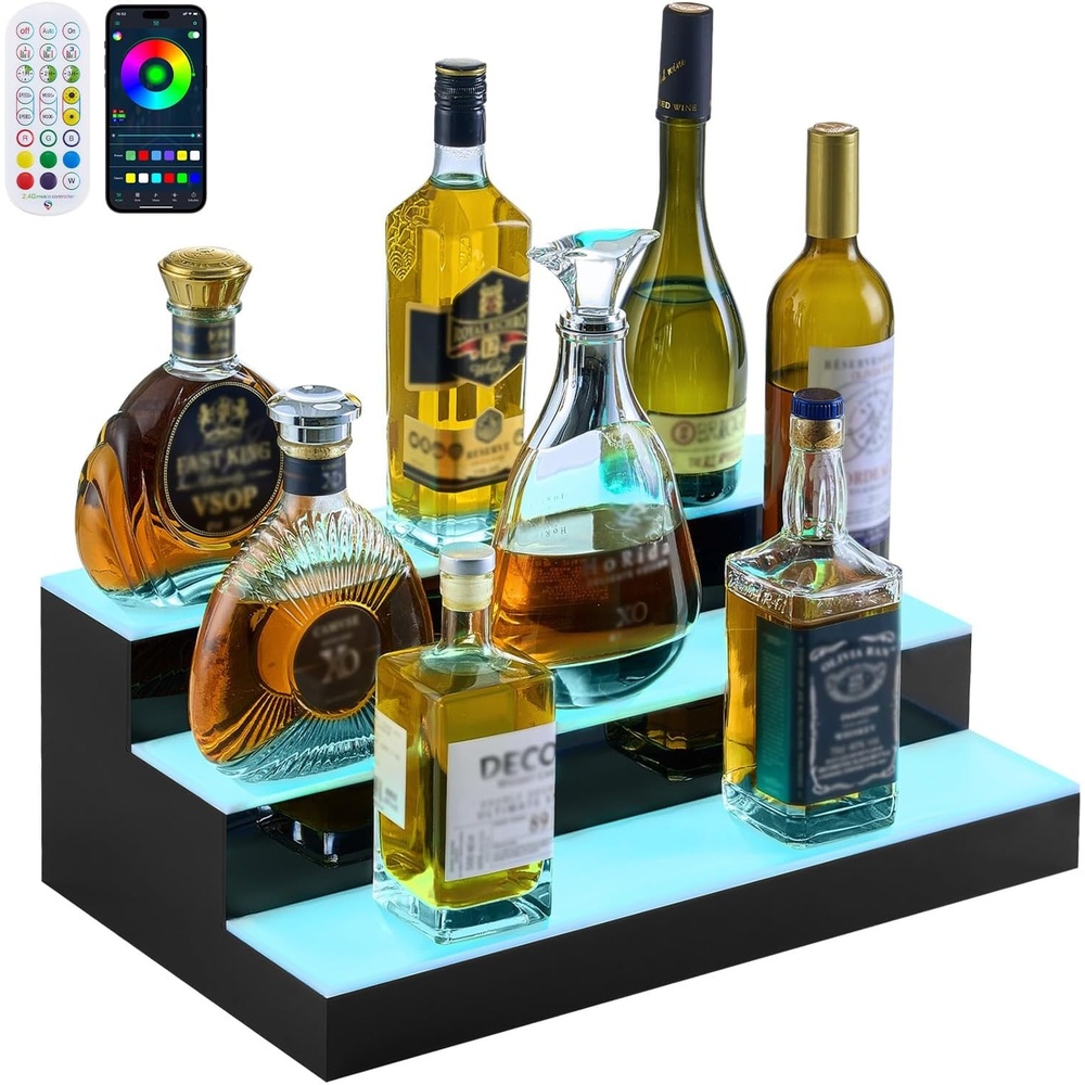 image:imageVEVOR LED Lighted Liquor Bottle Display 3 Tier 70 Inch Illuminated Home Bar Shelf with RF Remote amp App Control 7 Static Colors Acrylic Lighted Whiskey Shelf for 52 Bottles Powered by Adapter Only3 Step 20 Inches