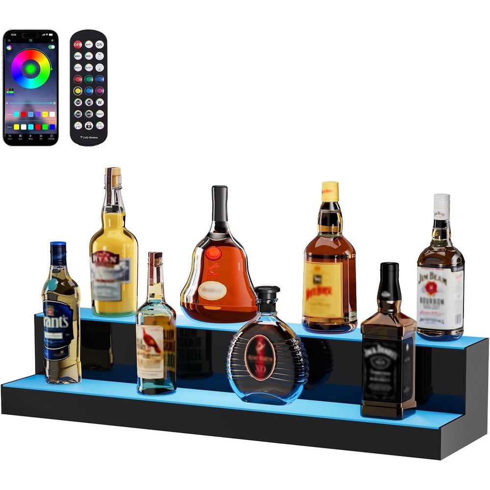 image:imageVEVOR LED Lighted Liquor Bottle Display 3 Tiers 30 Inches Supports USB Illuminated Home Bar Shelf with RF Remote amp App Control 7 Static Colors 14 H Timing Acrylic Lighted Shelf for 24 Bottles2 Tiers 30 Inches