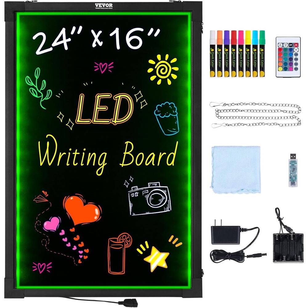 image:imageVEVOR LED Message Writing Board 16x12 Illuminated Erasable Lighted Chalkboard Neon Effect Menu Sign Board Drawing Board with 8 Fluorescent Chalk Markers and Remote Control for Home Wedding Shop16W x 24H