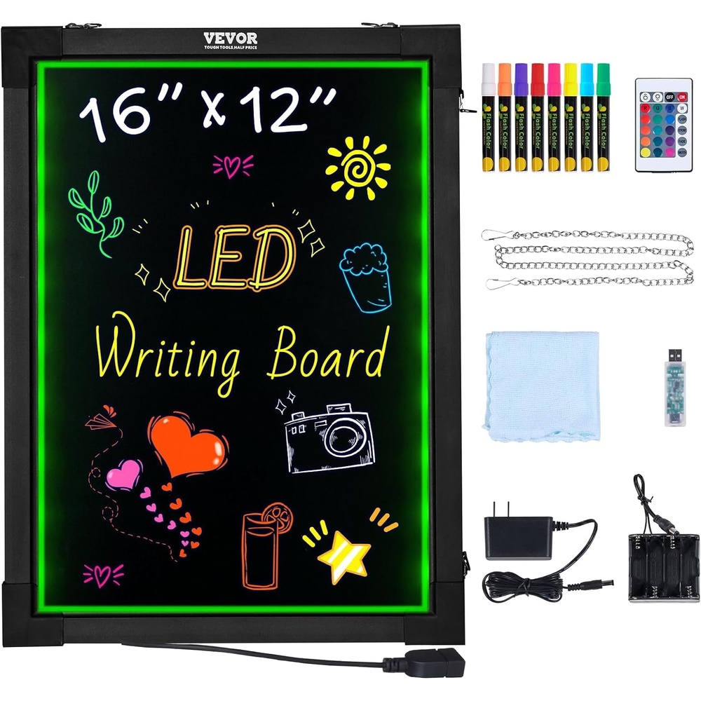 image:imageVEVOR LED Message Writing Board 16x12 Illuminated Erasable Lighted Chalkboard Neon Effect Menu Sign Board Drawing Board with 8 Fluorescent Chalk Markers and Remote Control for Home Wedding Shop12W x 159H
