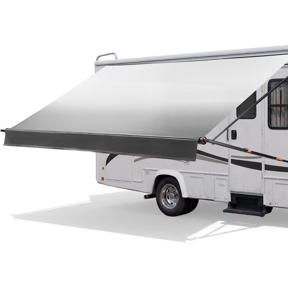 image:imageVEVOR Manual RV Awning Complete Kit 1012FT Retractable RV Awning with Aluminum Alloy Frame amp Waterproof PVC Fabric Outdoor Camping Trailer Awnings Fit Most RVs 10FT Type Gradient Gray18 FT Black Fade