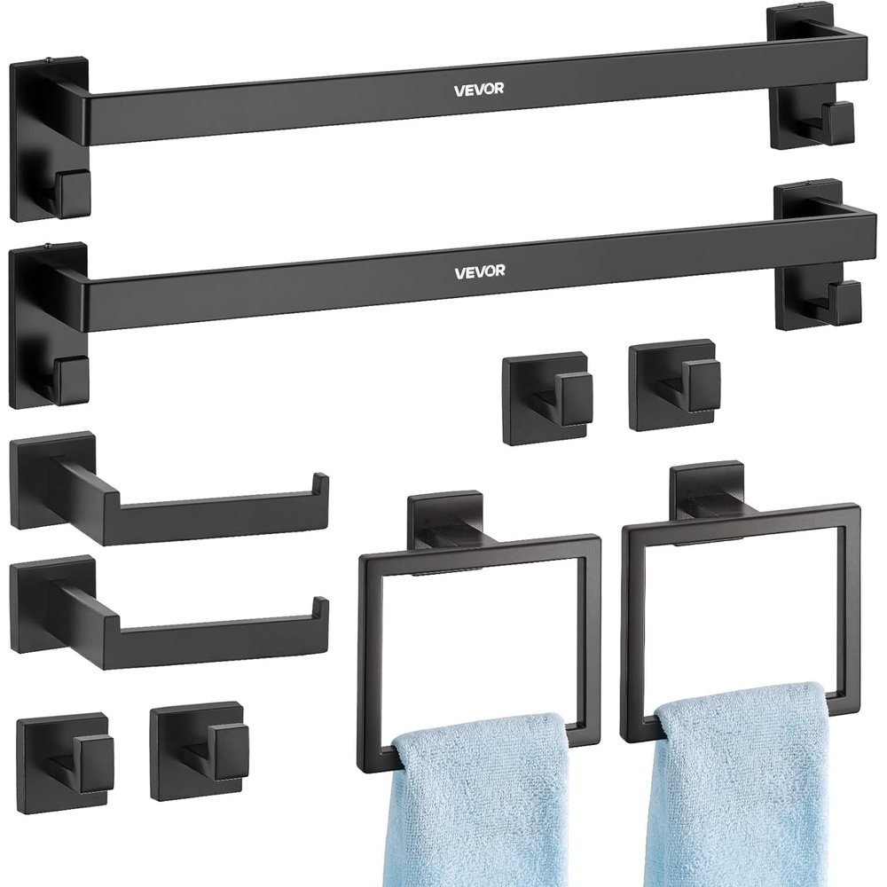 image:imageVEVOR Matte Black Bathroom Hardware Set 10Piece Bathroom Accessories Set 2 Stainless Steel 24in Towel Bars 2 Towel Racks 4 Robe Towel Hooks 2 Toilet Paper Holders for Bath Room Wall Mounted