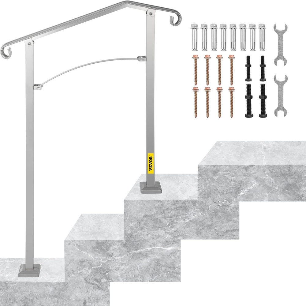 image:imageVEVOR Outdoor Stair Railing Fit 2 or 3 Steps Alloy Metal Handrailing Front Porch Flexible Transitional Handrail Arch Step Rail with Installation Kit for Concrete or Wooden Stairs Silver