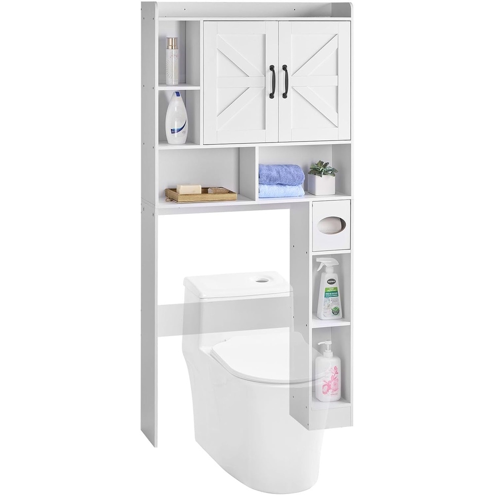 image:imageVEVOR Over The Toilet Storage Cabinet 6744 Height Bathroom Storage Cabinet Over Toilet with Barn Door and Adjustable Shelf Bathroom SpaceSaving Toilet Rack White Wood with Open Shelf4 top Shelves