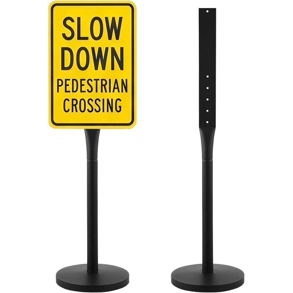 image:imageVEVOR Portable Sign Post 1Pack 4 ft Tall Metal Sign Stands with Heavy Duty Cast Iron Base MultiHole Design for Easy Installation WindResistant for Indoor and Outdoor Parking Warning Notice2