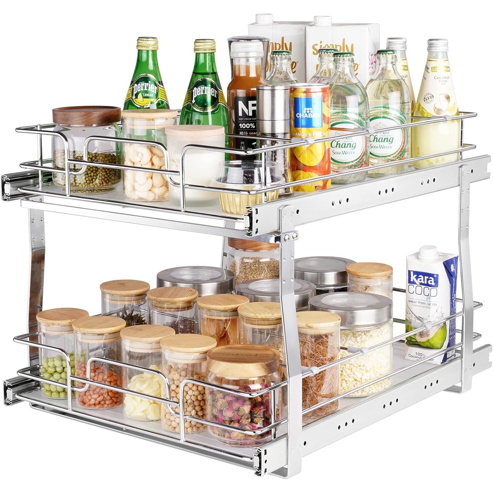 image:imageVEVOR Pull Out Cabinet Organizer 14 Wx212 Dx152 H Heavy 2 Tier Duty Slide Out Pantry Shelves ChromePlated Steel Roll Out Drawer for Under Sink 155 Wx225 Dx19 H Install Size for Cabinet17Wx212Dx152H