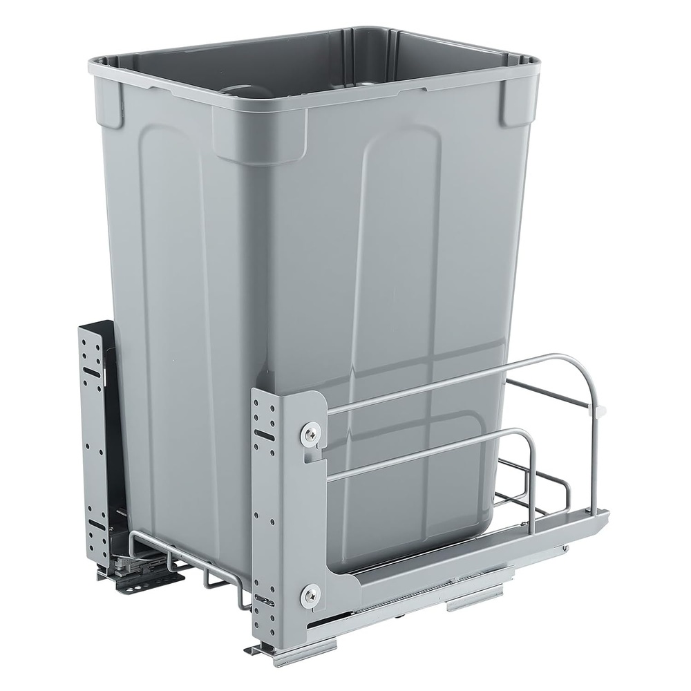 image:imageVEVOR PullOut Trash Can 50 QT x2 Double Under Mount Kitchen Waste Container Heavy Duty Garbage Recycling Bin with Door Kit and Soft Close Slide for Kitchen Cabinet Sink Under Counter GreyWith Soft Close