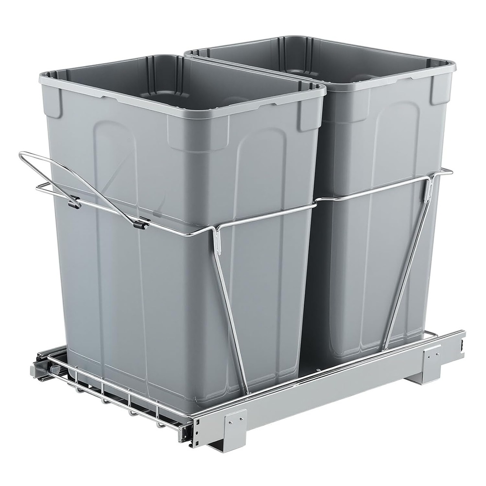 image:imageVEVOR Pullout Trash Can for Kitchen Cabinets 35 QT x2 Double Under Sink Garbage Waste Recycling Bin Under Mount Waste Container with Heavy Duty Metal Full Extension Sliding System and Handle Grey70QT35QTx2