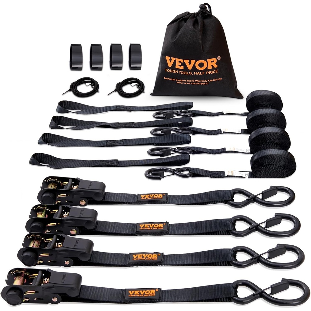 image:imageVEVOR Ratchet Tie Down Straps 4PK 2200 lb Break Strength 1 x 15 Heavy Duty Ratchet Tie Down Strap Set with Padded Handles Coated S Hook Soft Loop for Moving Appliances Motorcycle ATV Truck