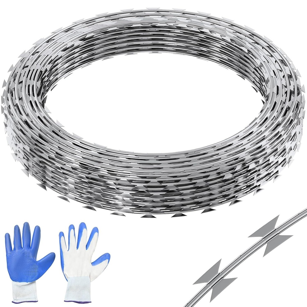 image:imageVEVOR Razor Wires 98 ft Razor Barbed Wire 2 Rolls Razor Wire Fencing Razor Fence Ribbon Barbed Galvanized Fence Rolls Razor for Garden246FT