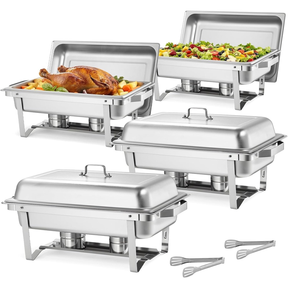 image:imageVEVOR Rectangle Chafing Dishes 9 Qt 2 Pack Stainless Steel Chafing Dish Food Warmer Chafer Complete Set with Hollow Handle 1 Food Tongs Lid Canister Holder Chafer Dishes for Banquet Wedding4 PACKS