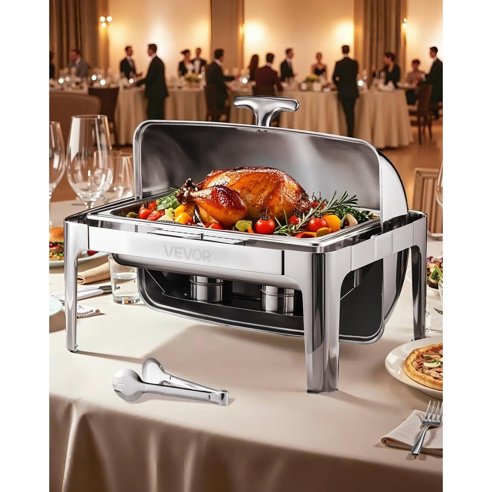 image:imageVEVOR Roll Top Chafing Dish Buffet Complete Set 9Qt Stainless Steel Chafer with Full Size Pan Rectangle Catering Warmer Server with Visible Lid Water Pan Folding Stand Fuel Holder Meal Clip GoldSilver