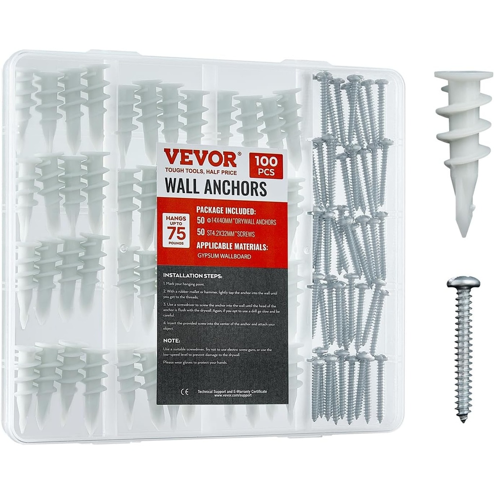 image:imageVEVOR Self Drilling Drywall Anchors 100 PCS Dry Wall Anchors and Screws Drywall Anchors Kit with Screws No Drill Hole Required Nylon Plastic Wall Anchors and Heavy Duty Metal Screws for Drywall