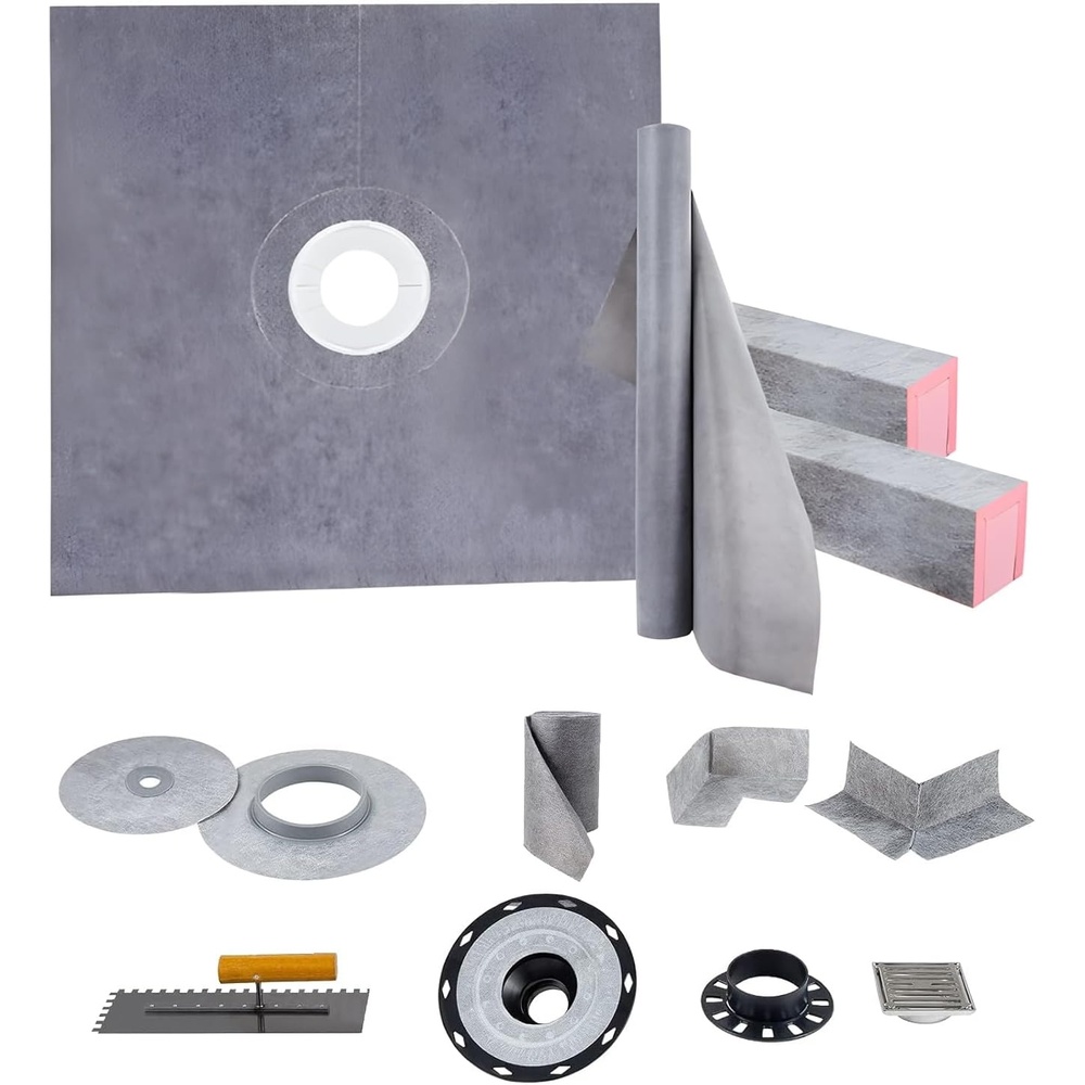 image:imageVEVOR Shower Curb Kit 48 x 48 in Watertight Shower Curb Overlay with 4 in PVC Center Bonding Flange 4 in Stainless Steel Grate 2 Cuttable Shower Curbs Trowel and Shower Pan Slope Stick for Bathroom