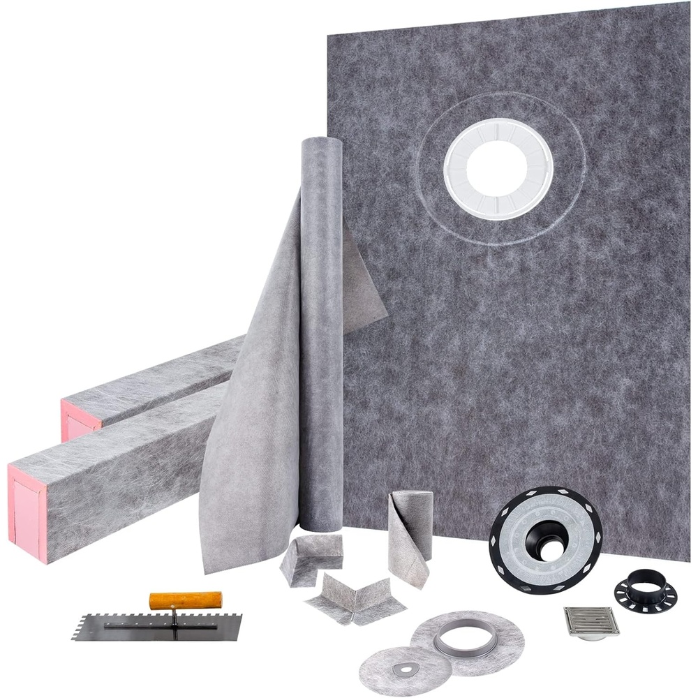 image:imageVEVOR Shower Curb Kit 48x72 Watertight Shower Curb Overlay with 4 ABS Central Bonding Flange 4 Stainless Steel Grate 2 Cuttable Shower Curb and Trowel Shower Pan Slope Sticks Fit for Bathroom38 x 60  Hole offset