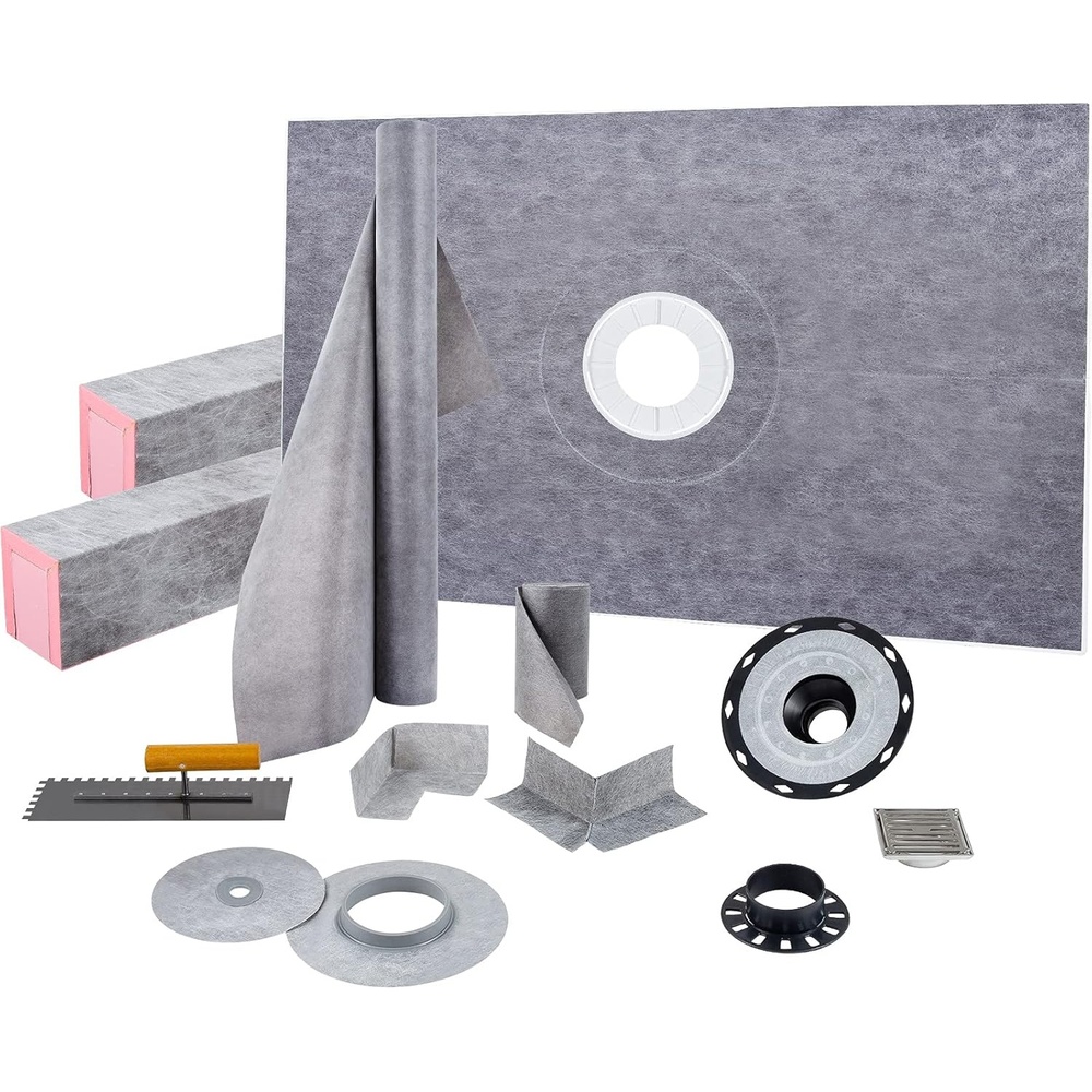 image:imageVEVOR Shower Curb Kit 48x72 Watertight Shower Curb Overlay with 4 ABS Central Bonding Flange 4 Stainless Steel Grate 2 Cuttable Shower Curb and Trowel Shower Pan Slope Sticks Fit for Bathroom48x72