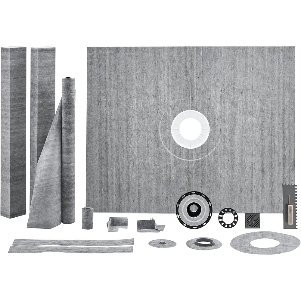 image:imageVEVOR Shower Curb Kit 60x48 Shower Pan Kit with 2 ABS Central Flange Waterproof Membrane Stainless Steel Grate Shower Pan Slope Sticks Fit for Bathroom48x60