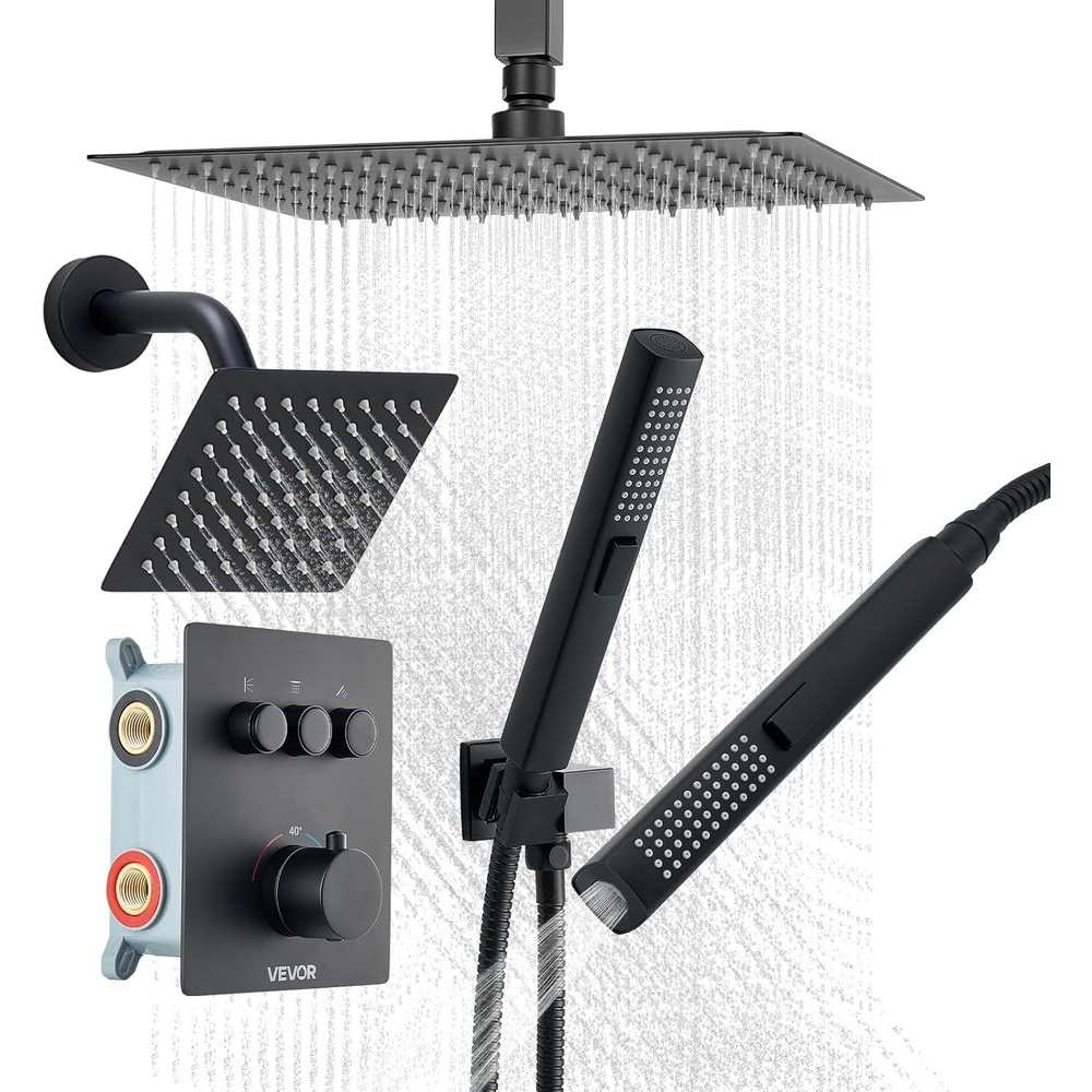 image:imageVEVOR Shower Faucet Set 12 Inch Thermostatic Ceiling Mount Rainfall Shower System with 6 Inch Wall Mount Head and 2 in 1 Handheld Spray 3Function Dual Rain Head Brass Valve amp Trim Kit Matte BlackMatte Black