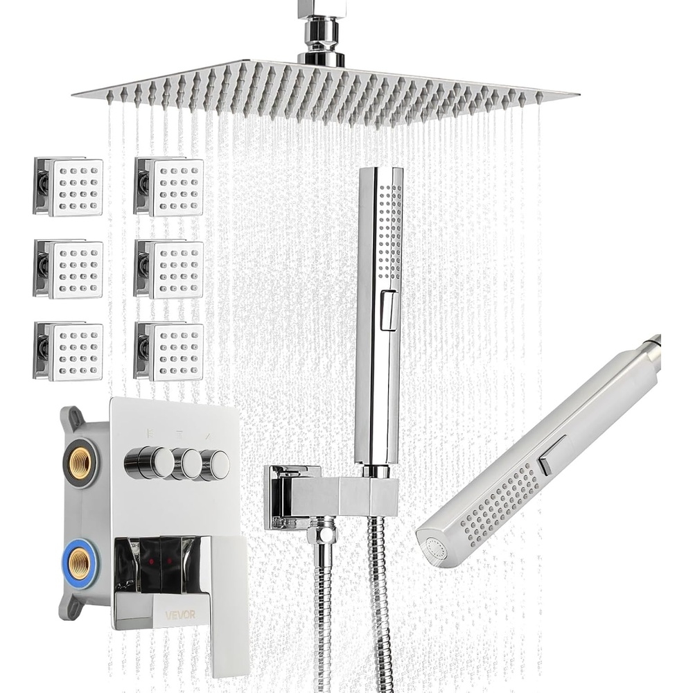 image:imageVEVOR Shower Faucet Set 12 Inch Thermostatic Ceiling Mount Rainfall Shower System with 6 Inch Wall Mount Head and 2 in 1 Handheld Spray 3Function Dual Rain Head Brass Valve amp Trim Kit Matte BlackChrome