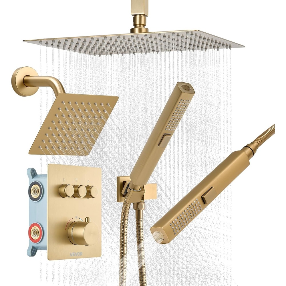image:imageVEVOR Shower Faucet Set 12 Inch Thermostatic Ceiling Mount Rainfall Shower System with 6 Inch Wall Mount Head and 2 in 1 Handheld Spray 3Function Dual Rain Head Brass Valve amp Trim Kit Matte BlackBrushed Gold