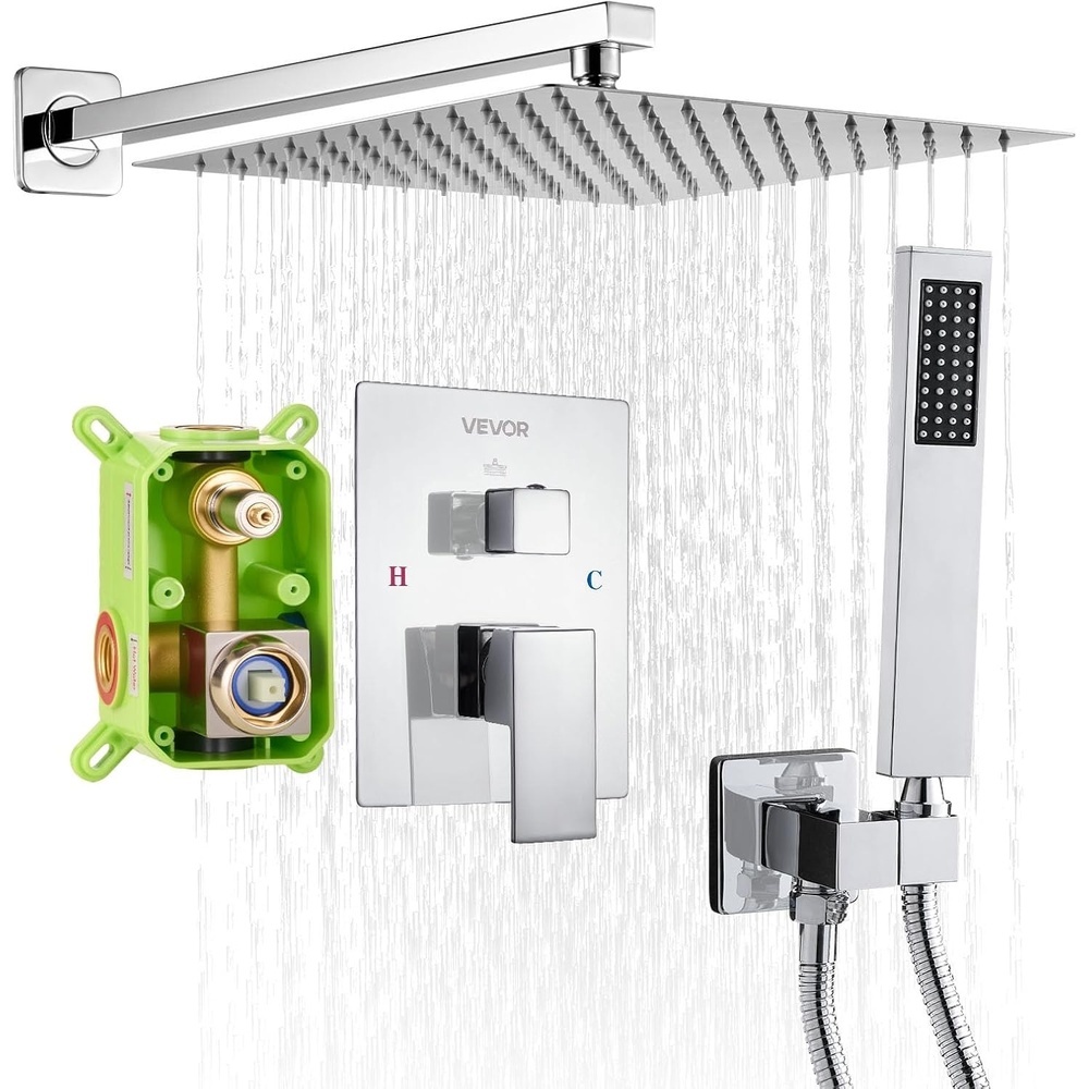 image:imageVEVOR Shower Faucet Set Rainfall Bathroom Shower System with 12Inch Square Rain Shower Head and Handheld Spray Wall Mounted Bath Fixtures with Brass Valve and Trim Kit Silver ChromePolished Chrome