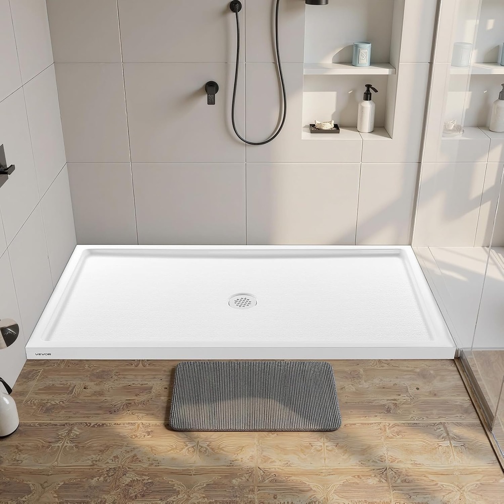 image:imageVEVOR Shower Pan 60 L x 36 W Single Threshold Shower Base Rectangle Acrylic amp PVC Showering Base in White SlipResistant Showering Pan Bases with Drain amp Cover for Bathroom Center Drain Location60 L x 32 W with Center Drain