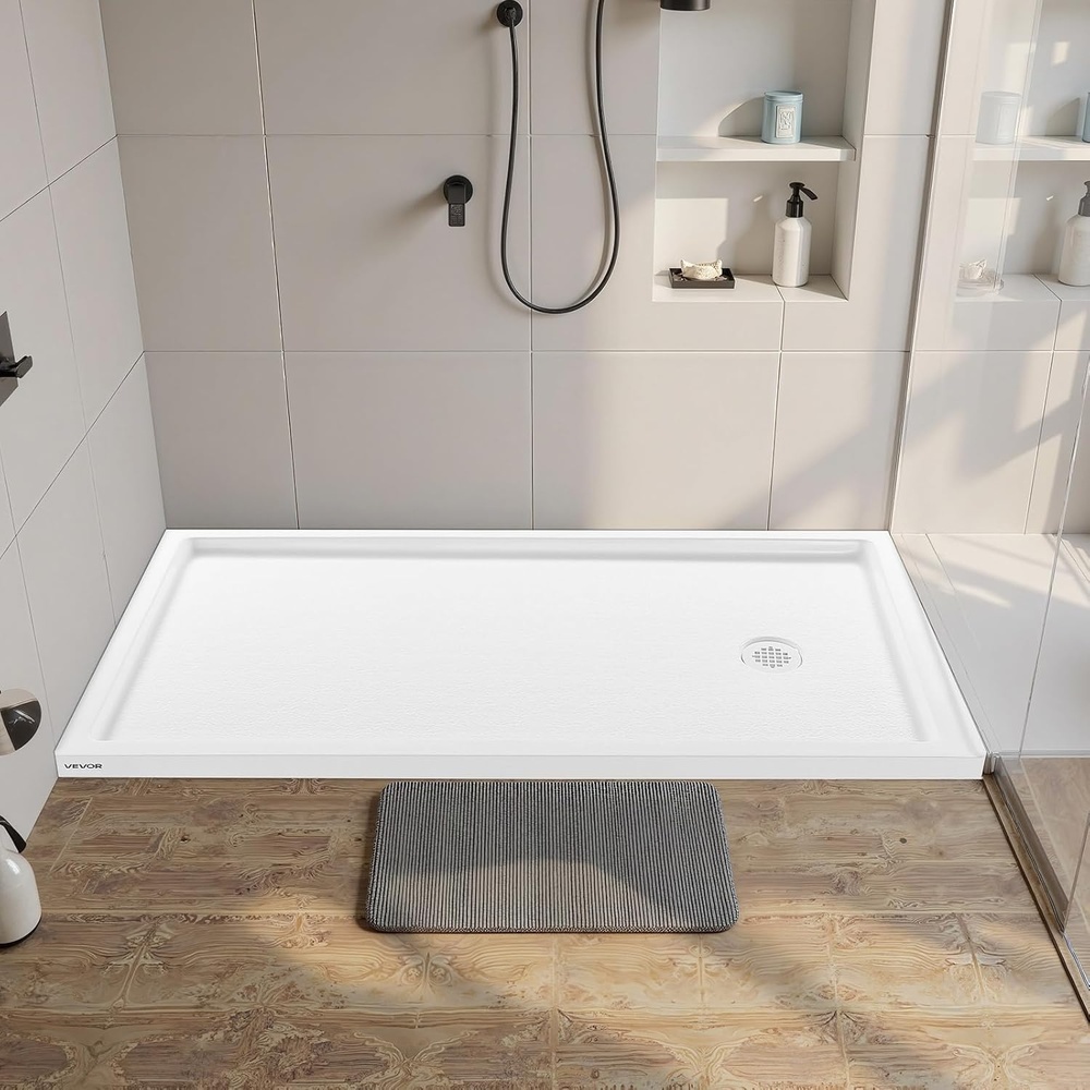 image:imageVEVOR Shower Pan 60 L x 36 W Single Threshold Shower Base Rectangle Acrylic amp PVC Showering Base in White SlipResistant Showering Pan Bases with Drain amp Cover for Bathroom Right Drain Location60 L x 30 W with Right Drain