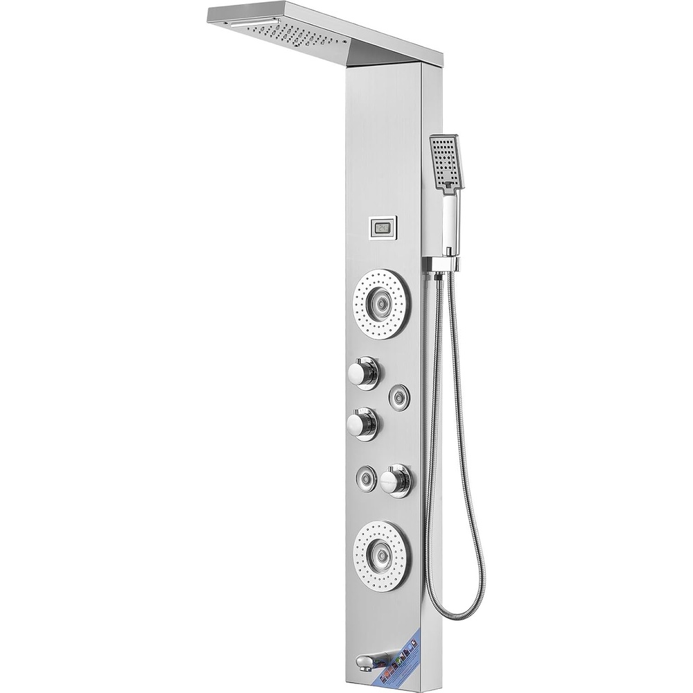 image:imageVEVOR Shower Panel Tower System with Rainfall Shower Head 49 in Brushed Stainless Steel Shower Column 4Function Faucet WallMount Rain Massage System with 4 Body Jets Handheld and Tub SpoutFixed Top Spray  Silver