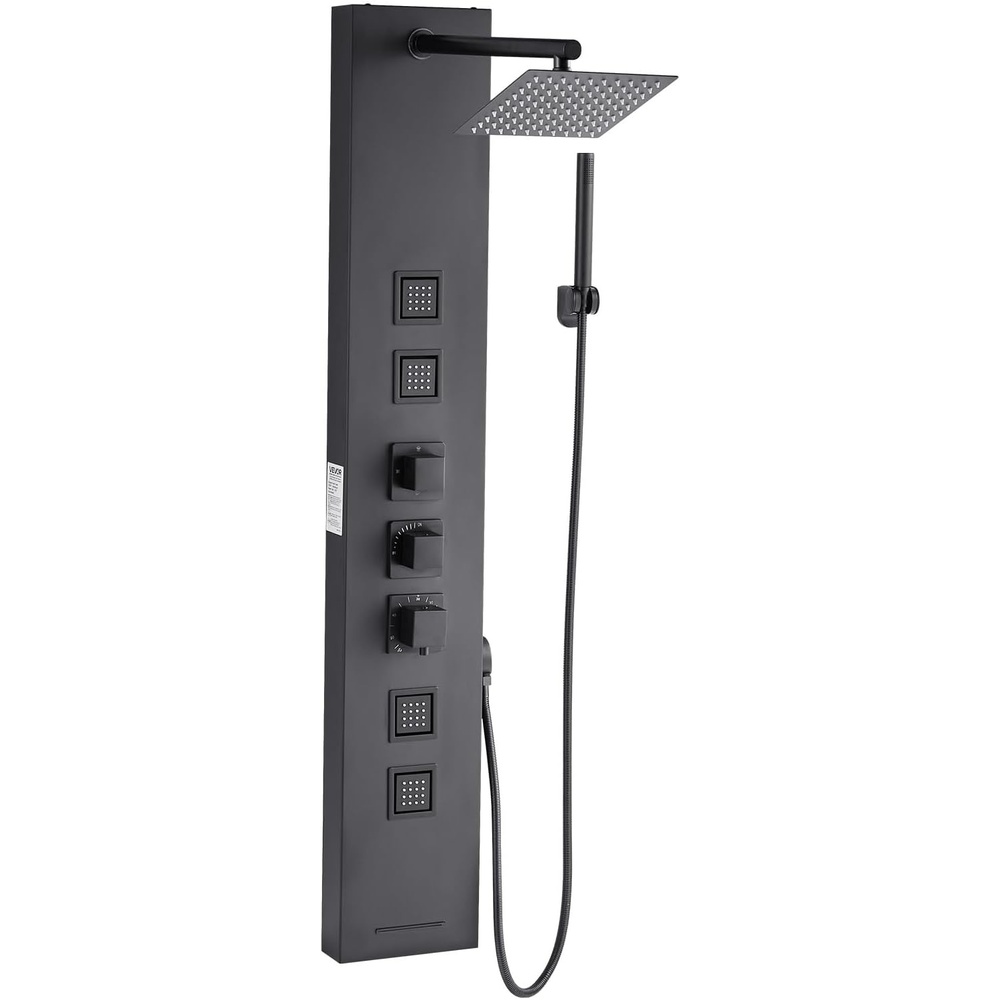 image:imageVEVOR Shower Panel Tower System with Rainfall Shower Head 49 in Brushed Stainless Steel Shower Column 4Function Faucet WallMount Rain Massage System with 4 Body Jets Handheld and Tub SpoutAdjustable Angle Top Spray  Black
