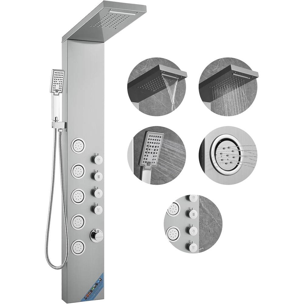 image:imageVEVOR Shower Panel Tower System with Rainfall Shower Head 53 in Brushed Stainless Steel Shower Column 3Function Faucet High Pressure WallMount Rain Massage System with Large Body Jet HandheldSilver  Fixed Top Spray  5 Body Jets
