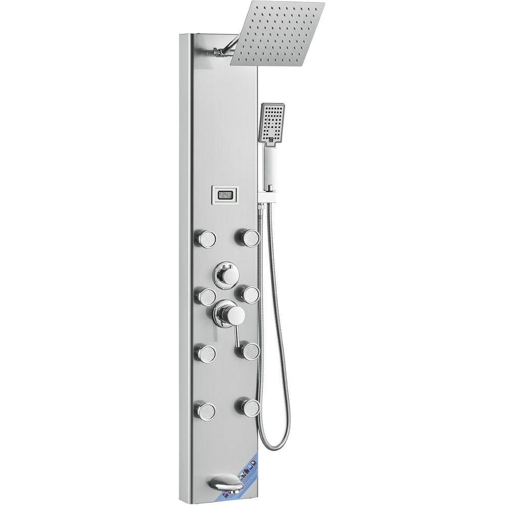 image:imageVEVOR Shower Panel Tower System with Rainfall Shower Head 53 in Brushed Stainless Steel Shower Column 3Function Faucet High Pressure WallMount Rain Massage System with Large Body Jet HandheldBlack  Adjustable Top Spray  8 Body Jets  Display Screen