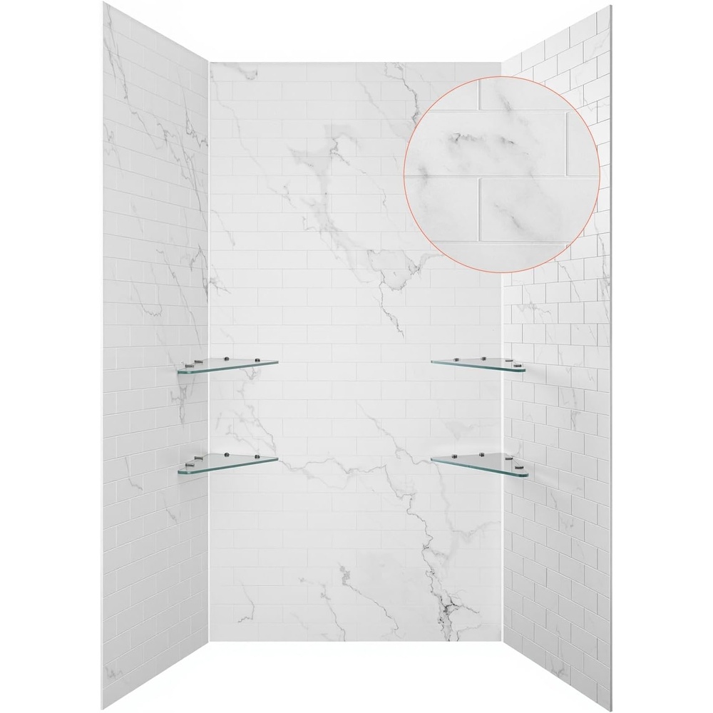 image:imageVEVOR Shower Wall Panels 48 W x 36 D x 96 H 014 35 mm Thick 3Panel Waterproof SMC Shower Surround Kit Quick Install and Trimmable Bathroom Tub Wall Panel Surround Kit with 4 Glass Shelves