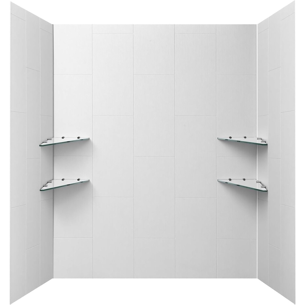 image:imageVEVOR Shower Wall Panels 60 W x 32 D x 80 H 02 5 mm Thick 4Panel Waterproof SPC Shower Surround Kit Quick Install and Trimmable Bathroom Tub Wall Panel Surround Kit with 4 Glass Shelves366075 inch