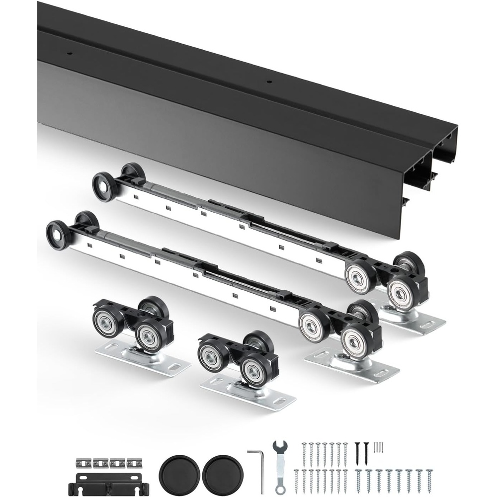 image:imageVEVOR Sliding Pocket Door Hardware Track Kit 5673 Pocket Door Track Kit with Soft Close Mechanism for Smooth and Quiet Sliding Easy to Install for 1 to 1 34 Thickness 30 Width Single Door8 Ft for 2 doors
