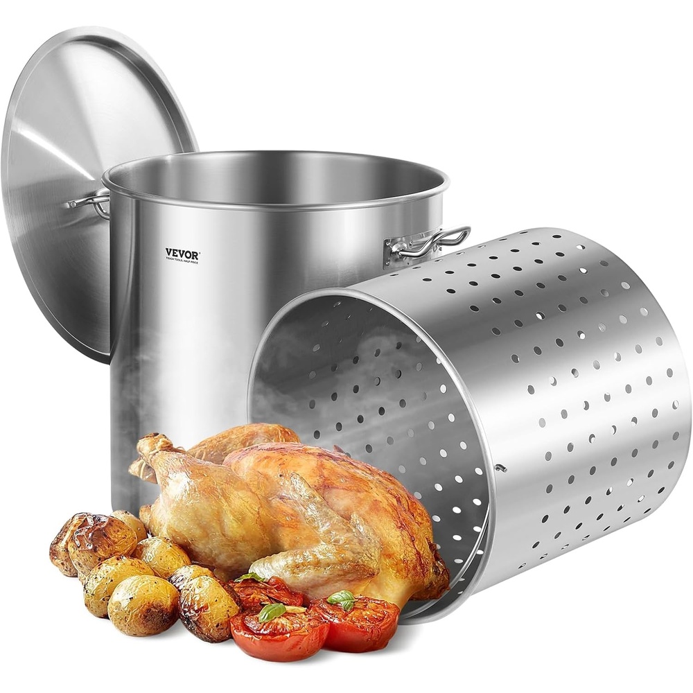 image:imageVEVOR Stainless Steel Stockpot 53 Quart Large Cooking Pots Cookware Sauce Pot with Lid and Handle Heavy Duty Commercial Grade Stock Pot Sanding Treatment for Large Groups Events Silver100 Quarts