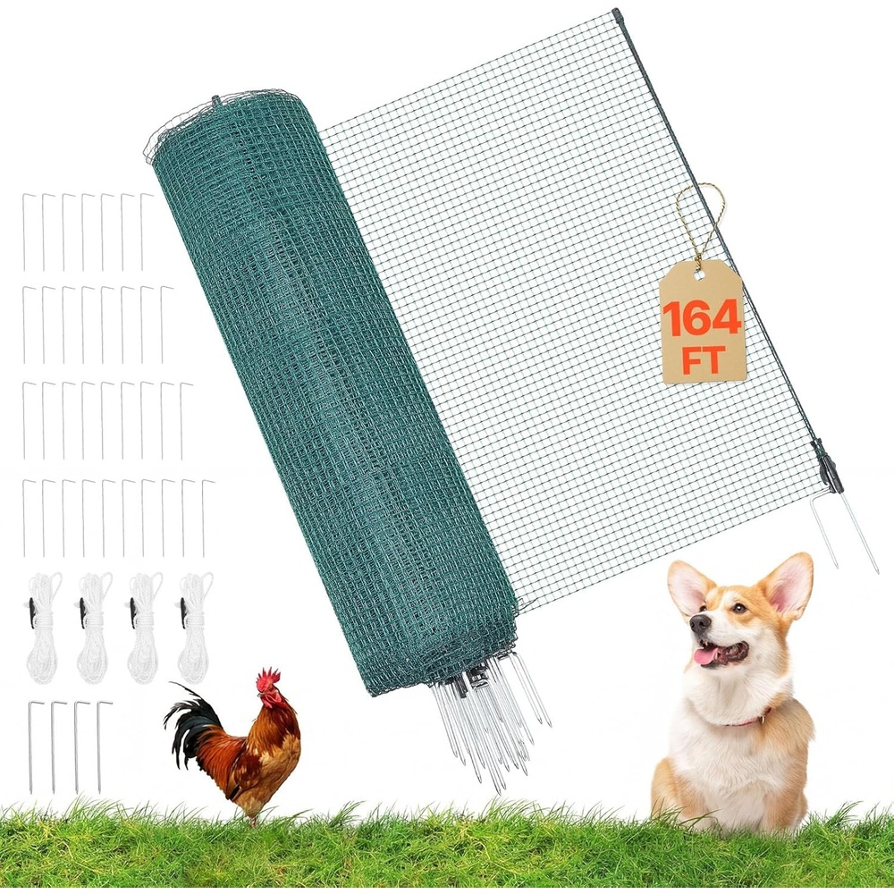 image:imageVEVOR Temporary Fence with Posts 3 x 984 FT Plastic Mesh Fencing Garden Safety Fences Netting with DoubleSpike Stakes amp Guy Ropes Temporary Fence for Dogs Chickens Plants Outdoor Yards36in164ft