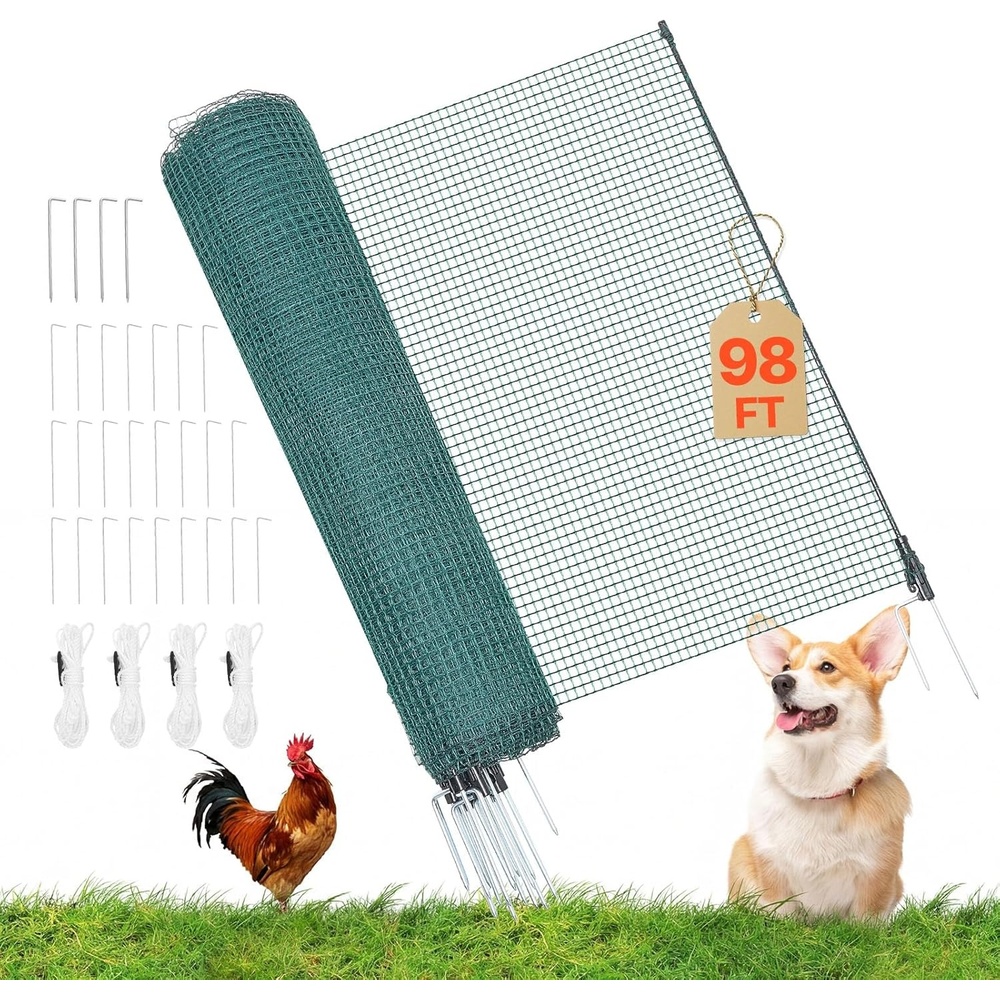image:imageVEVOR Temporary Fence with Posts 3 x 984 FT Plastic Mesh Fencing Garden Safety Fences Netting with DoubleSpike Stakes amp Guy Ropes Temporary Fence for Dogs Chickens Plants Outdoor Yards48in98ft