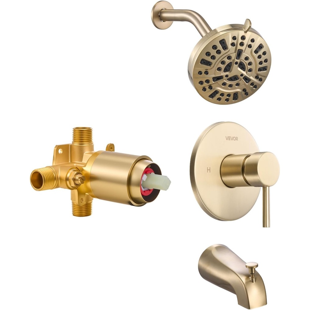 image:imageVEVOR Tub and Shower Faucet Set Complete with 4Inch Rainfall Shower Head and Bathtub Spout SingleSpray SingleHandle Tub Trim Kit with 304 Stainless Steel Valve Trim for Bathrooms Matte BlackGold